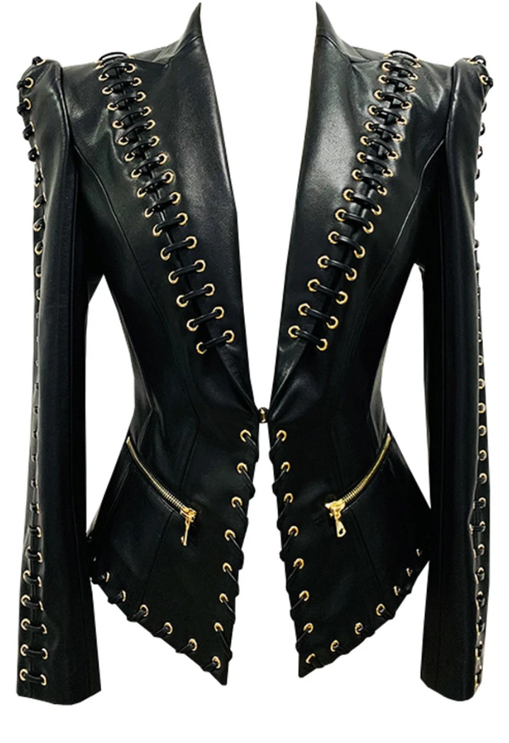 Riot black faux leather lace-up blazer, flat lay detail