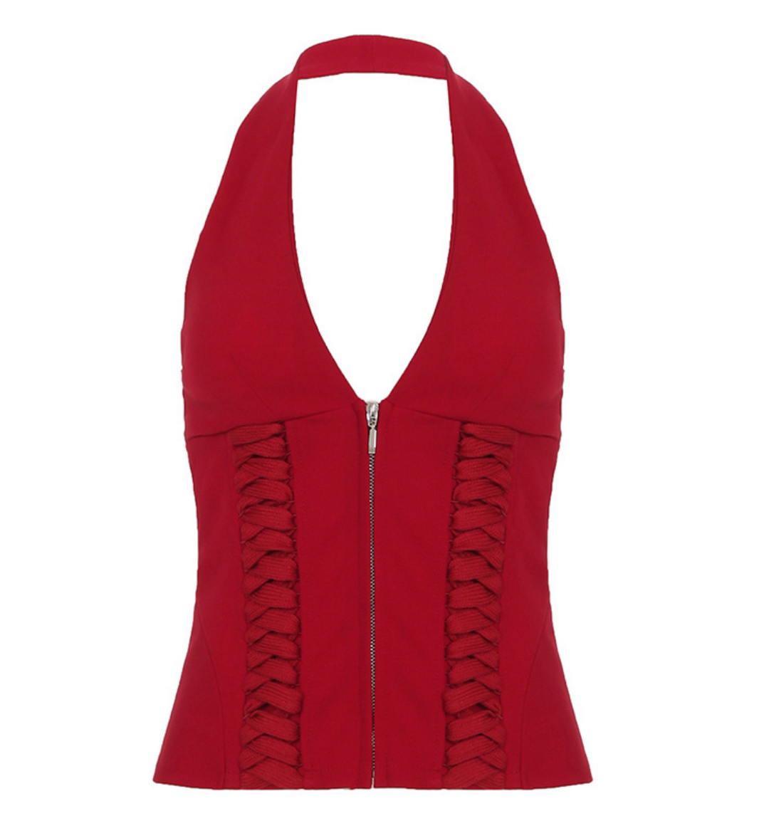 Lie | Red Halter Lace-Up Corset Top