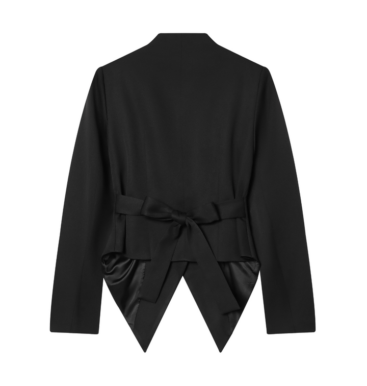 Link tuxedo peplum bow-back blazer top, black flat lay