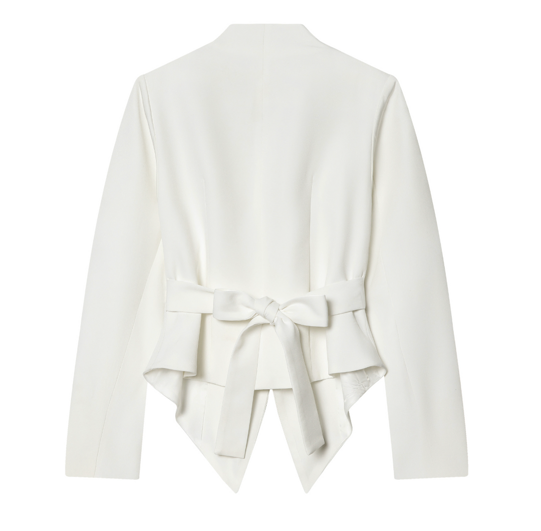 Link tuxedo peplum bow-back blazer top, white flat lay back