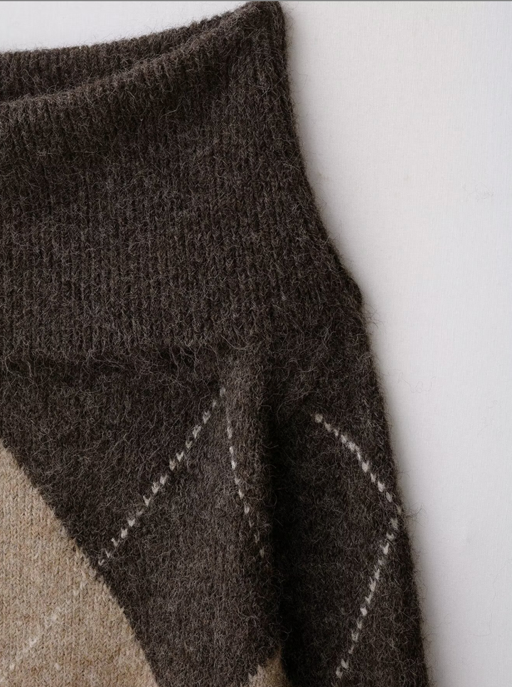 Twist | Brown Argyle Off Shoulder Sweater
