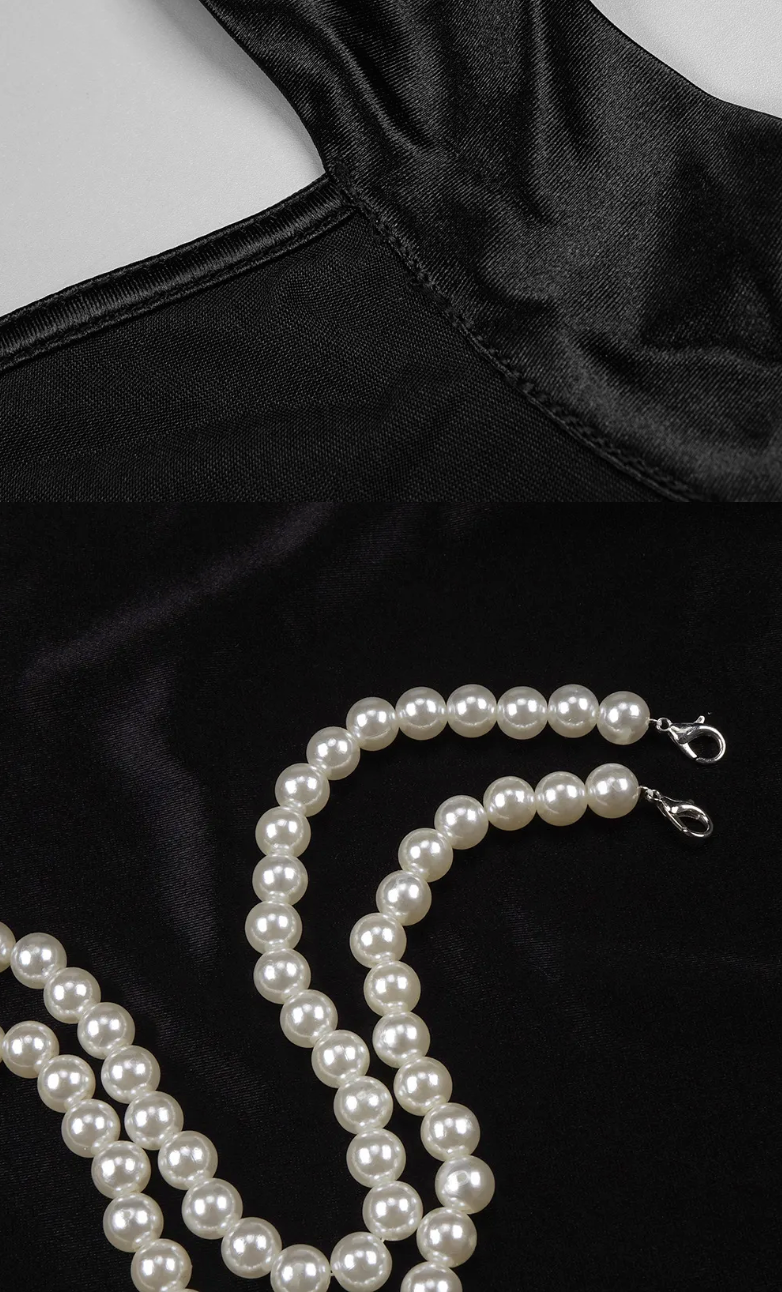 Pearl | Black Halter Satin Pearl Maxi Dress