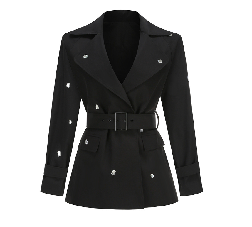 Obsess | Black Crystal Embellished Belted Trench Jacket
