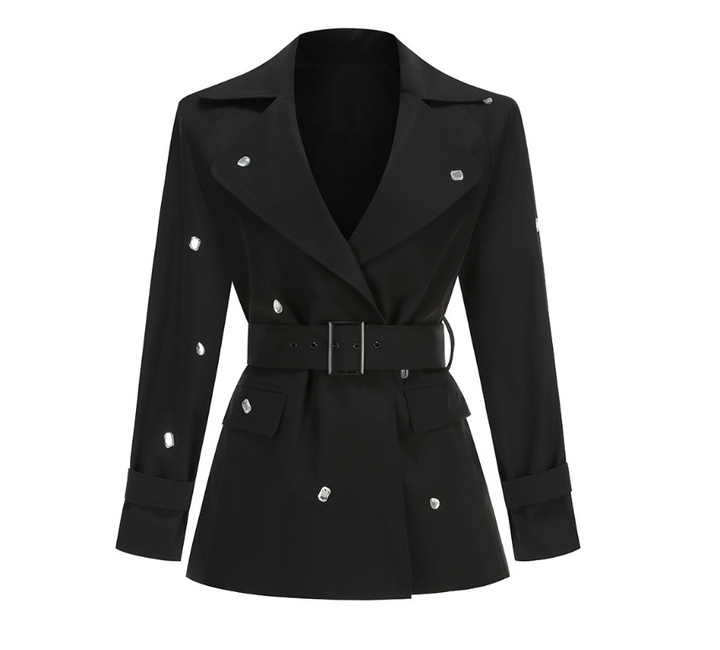 Obsess | Black Crystal Embellished Belted Trench Jacket
