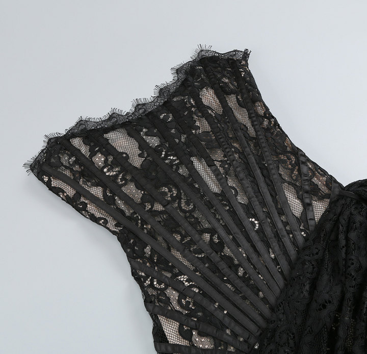 Now | Black Lace Corset Strapless Mini Dress