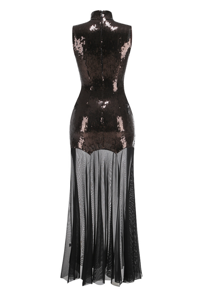 Stun | Chocolate Brown Sequin Mock Neck Maxi Dress