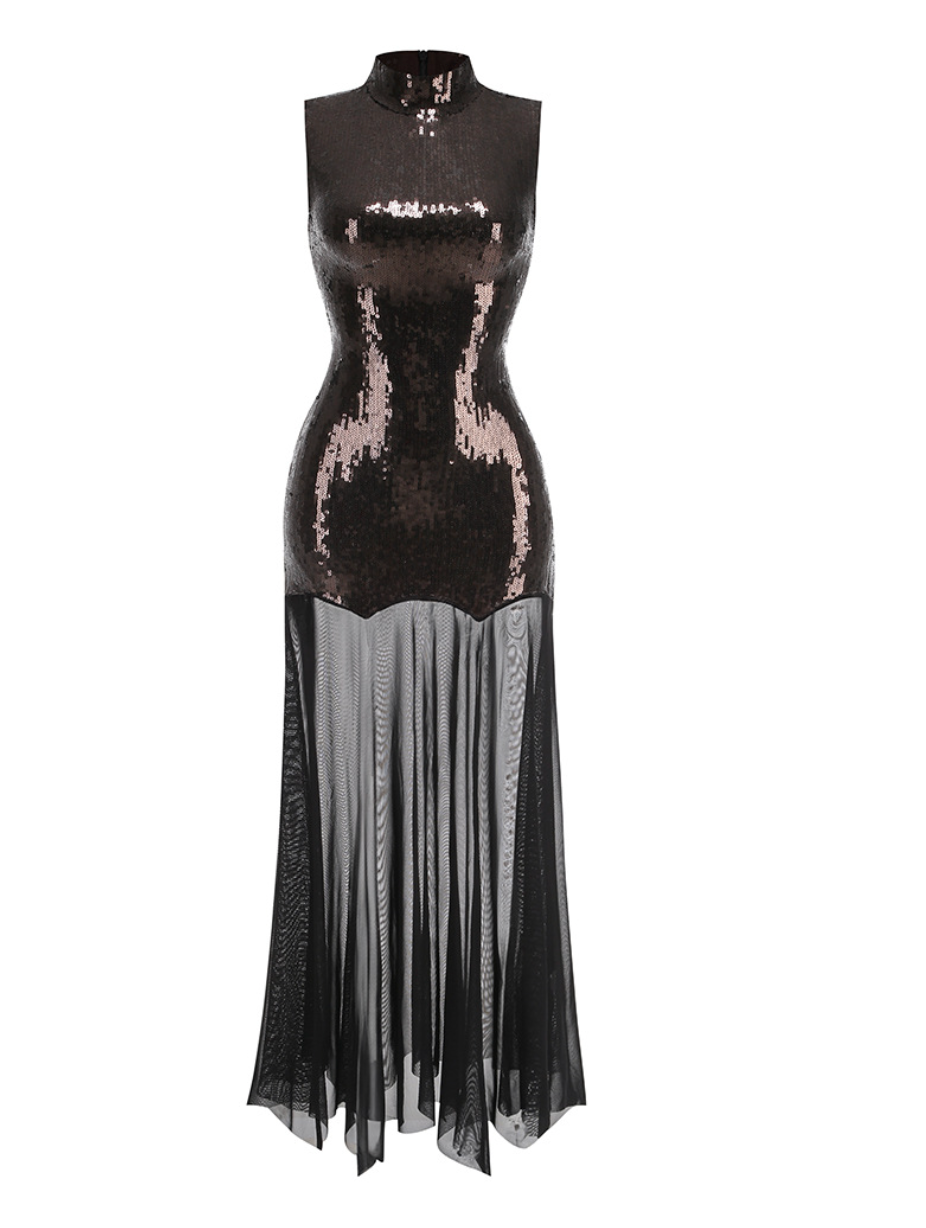 Stun | Chocolate Brown Sequin Mock Neck Maxi Dress