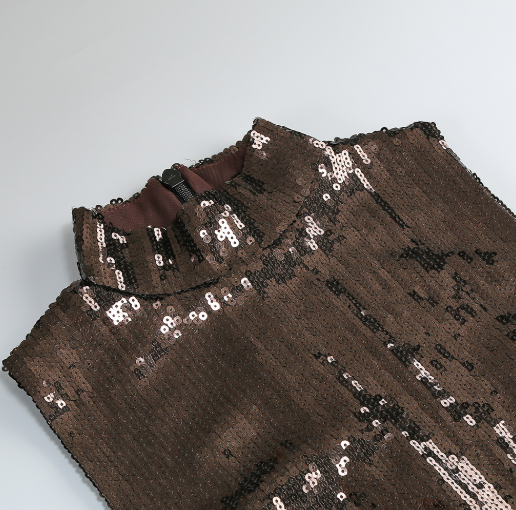 Stun | Chocolate Brown Sequin Mock Neck Maxi Dress