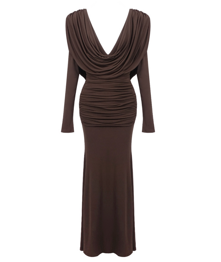Lay | Draped Neckline Ruched Long Sleeve Maxi Dress