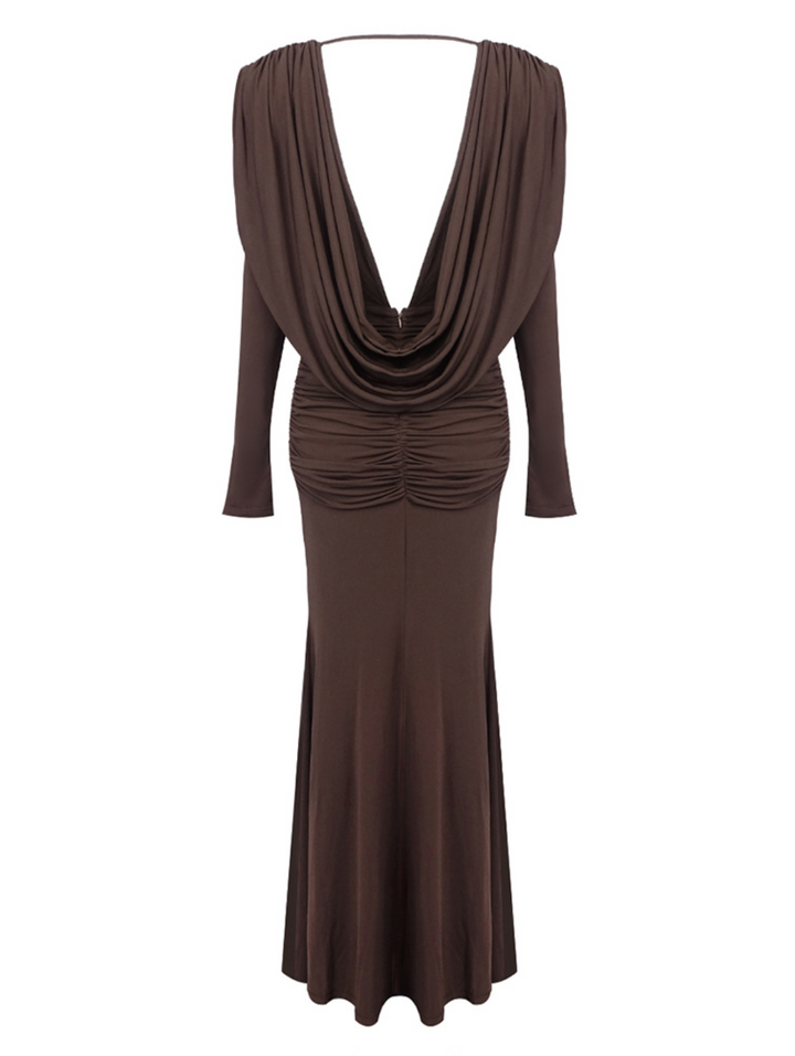 Lay | Draped Neckline Ruched Long Sleeve Maxi Dress