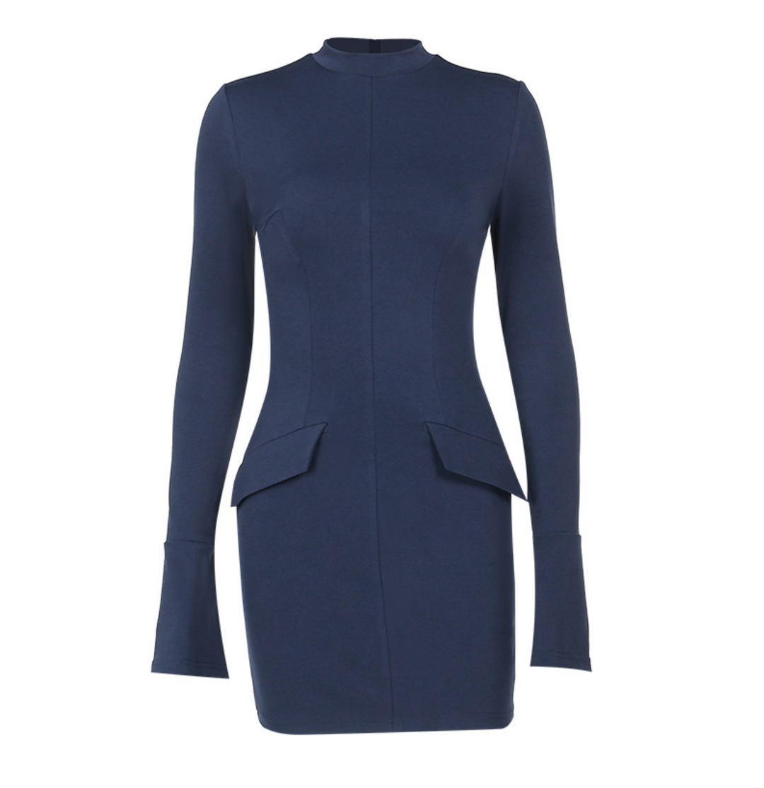 Poise | Navy Blue Mock Neck Flare Cuff Mini Dress