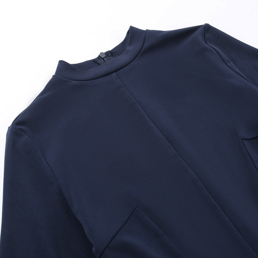 Poise | Navy Blue Mock Neck Flare Cuff Mini Dress