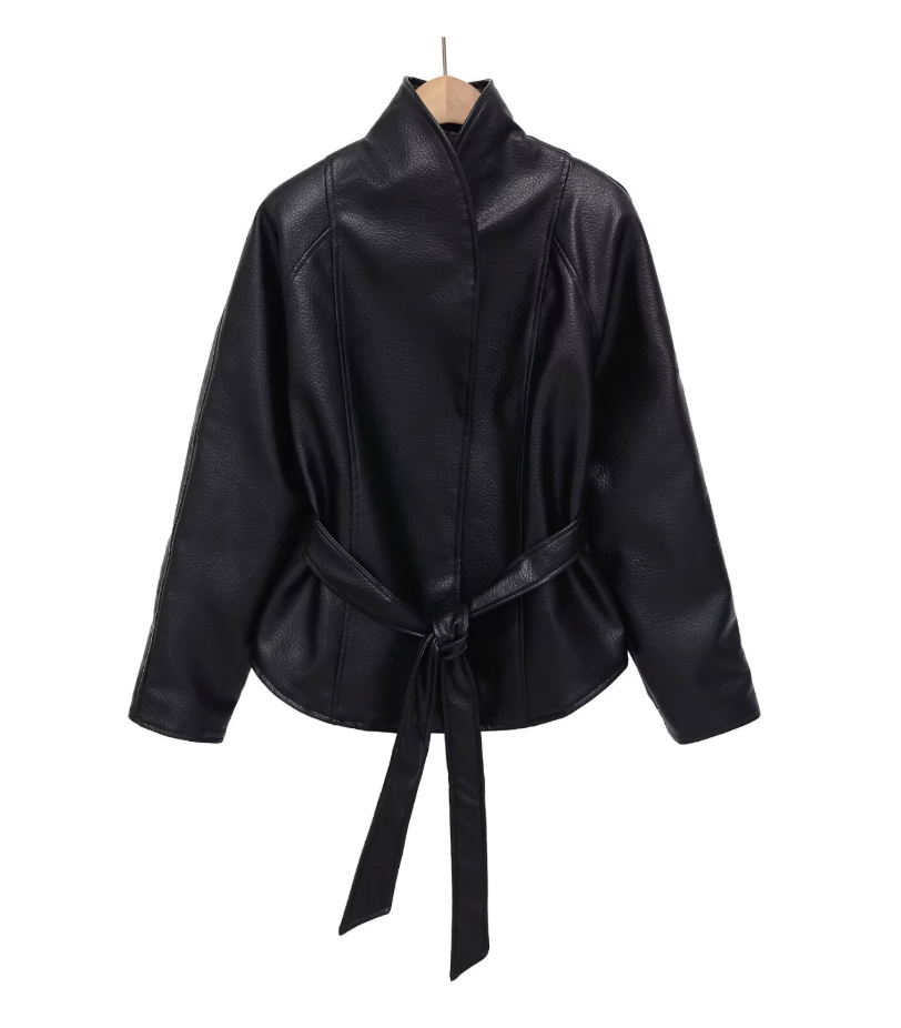 Vox | Faux Leather Belted Stand Collar Jacket