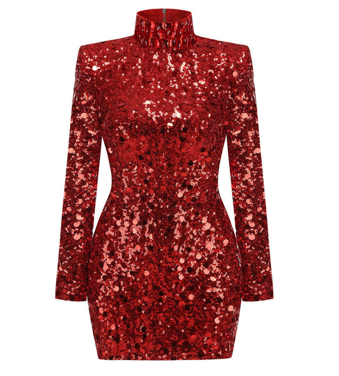 Ember | Scarlet Red Sequin Mock Neck Mini Dress