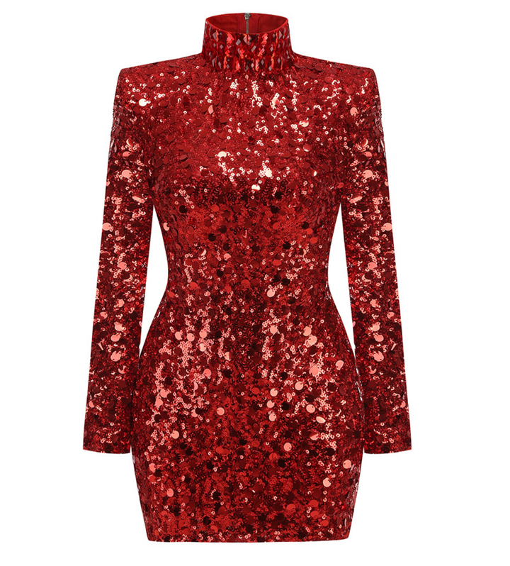 Ember | Scarlet Red Sequin Mock Neck Mini Dress