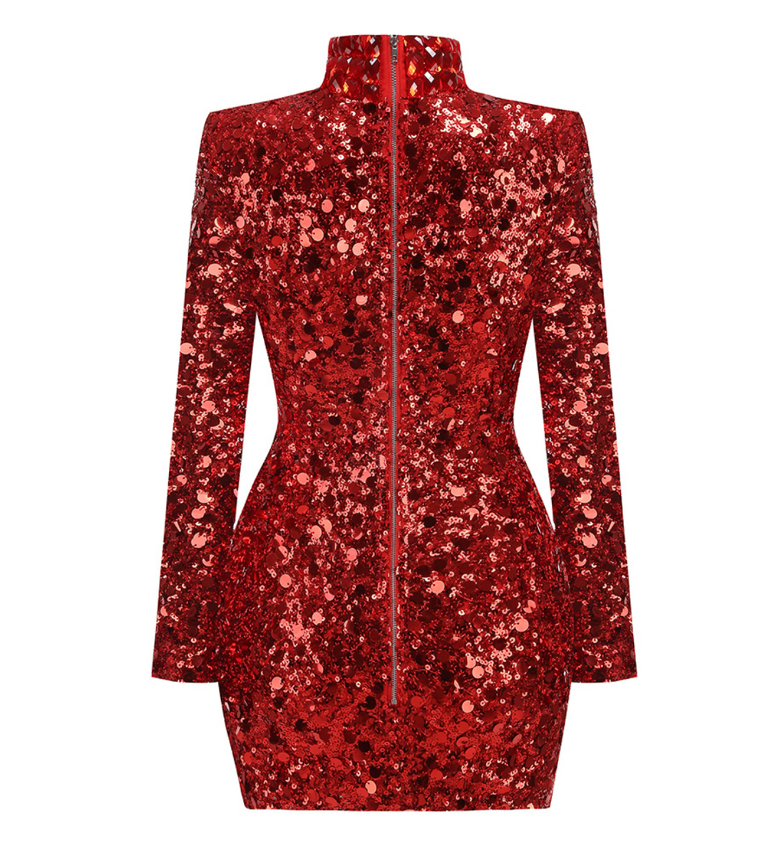 Ember | Scarlet Red Sequin Mock Neck Mini Dress