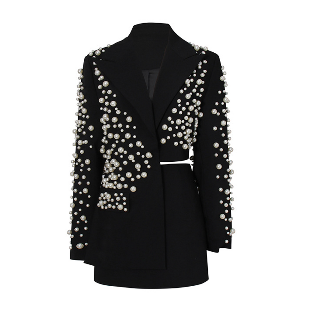 High | Pearl Embellished Cropped Blazer Skirt Set