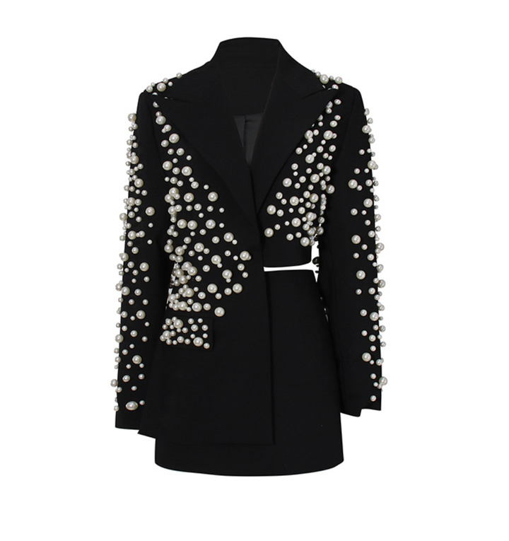 High | Pearl Embellished Cropped Blazer Skirt Set