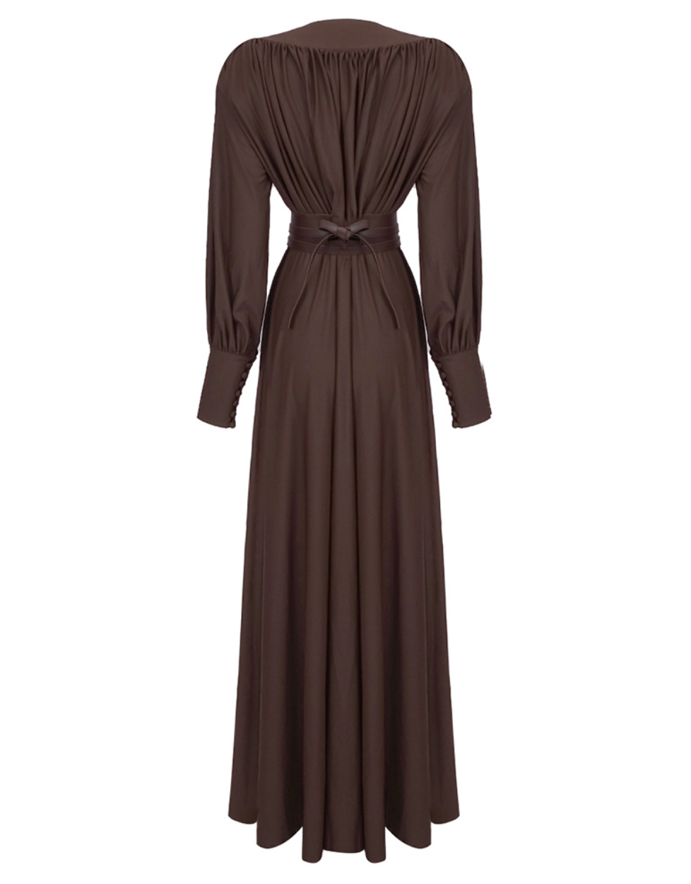 Tie | Chocolate Brown Deep V Balloon Sleeve Belted Maxi Dress