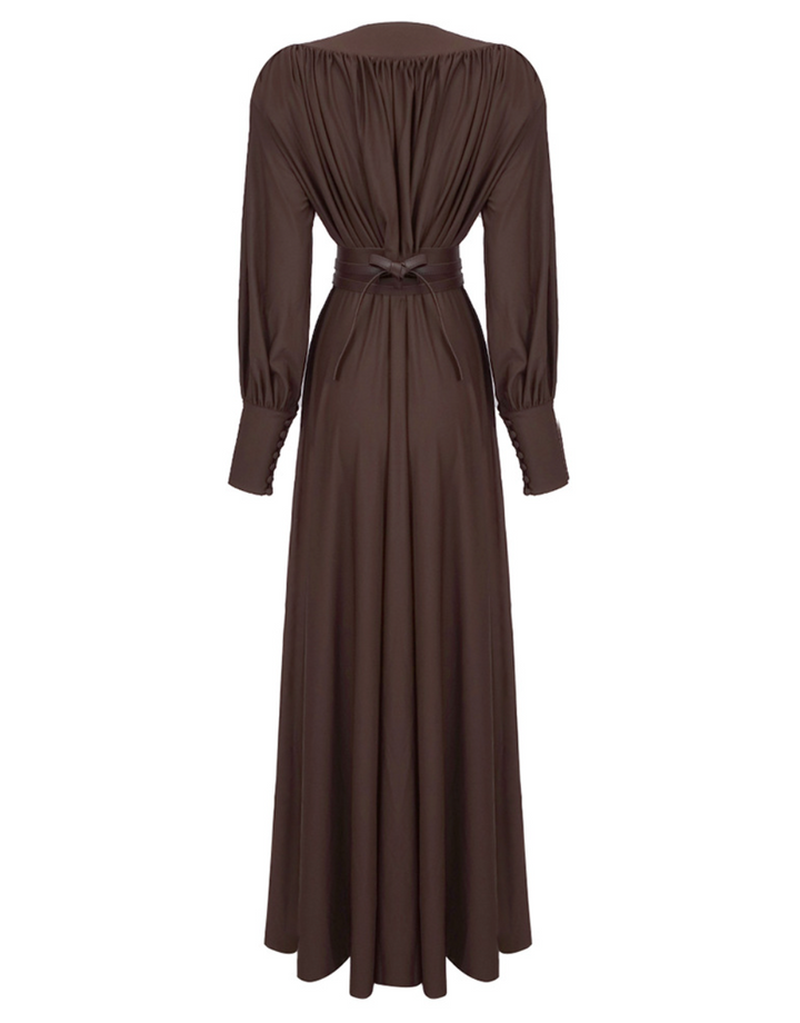 Tie | Chocolate Brown Deep V Balloon Sleeve Belted Maxi Dress