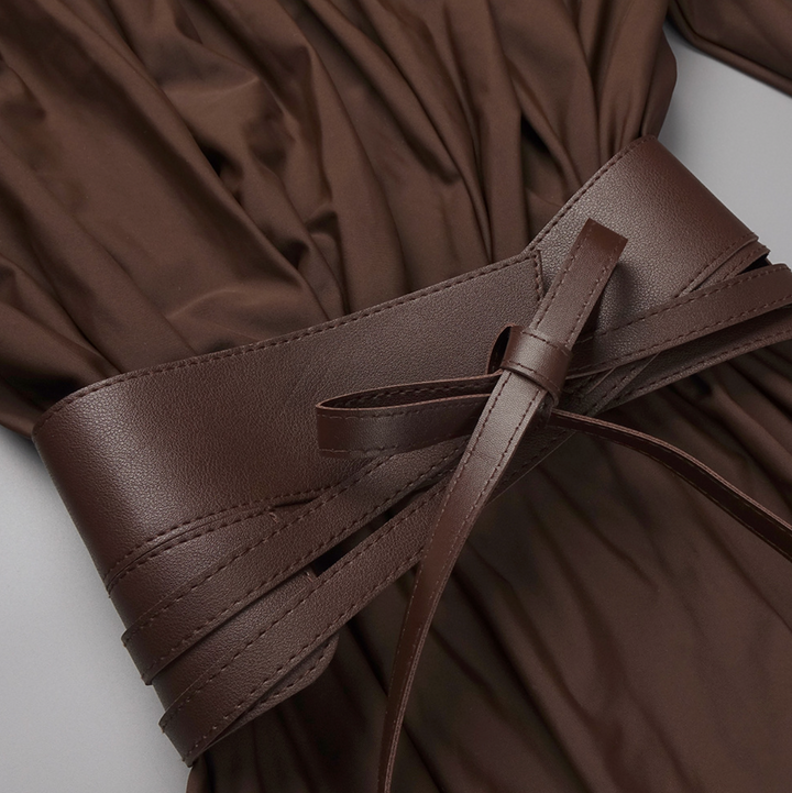 Tie | Chocolate Brown Deep V Balloon Sleeve Belted Maxi Dress