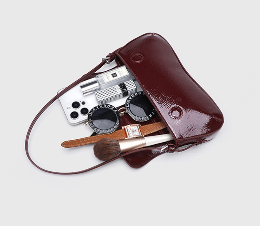 Leau | Glossy Faux Leather Baguette Shoulder Bag