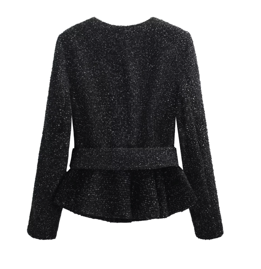 Print | Black Tweed Peplum Belted Blazer Shorts Set