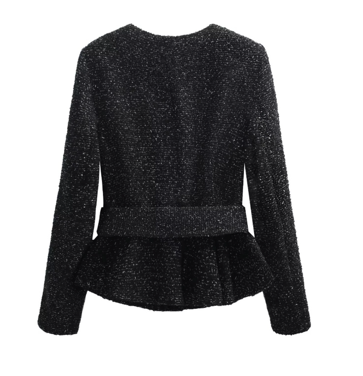 Print | Black Tweed Peplum Belted Blazer Shorts Set