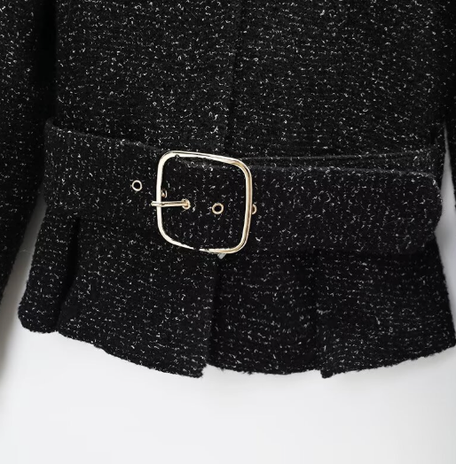 Print | Black Tweed Peplum Belted Blazer Shorts Set