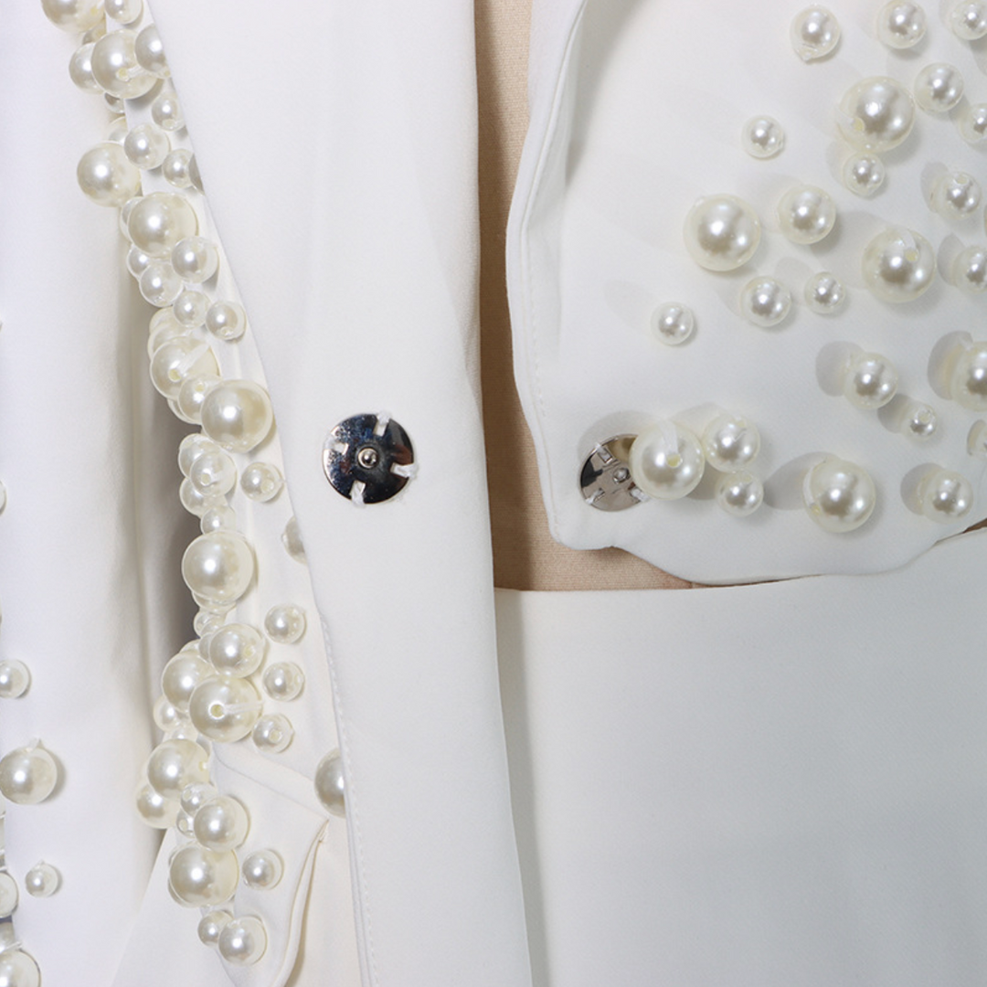 High | Pearl Embellished Cropped Blazer Skirt Set