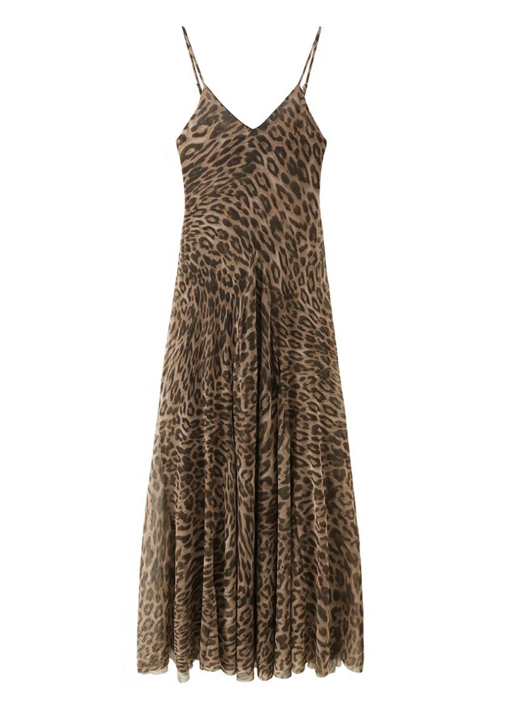 Leap | Leopard Print Mesh V Neck Slip Maxi Dress