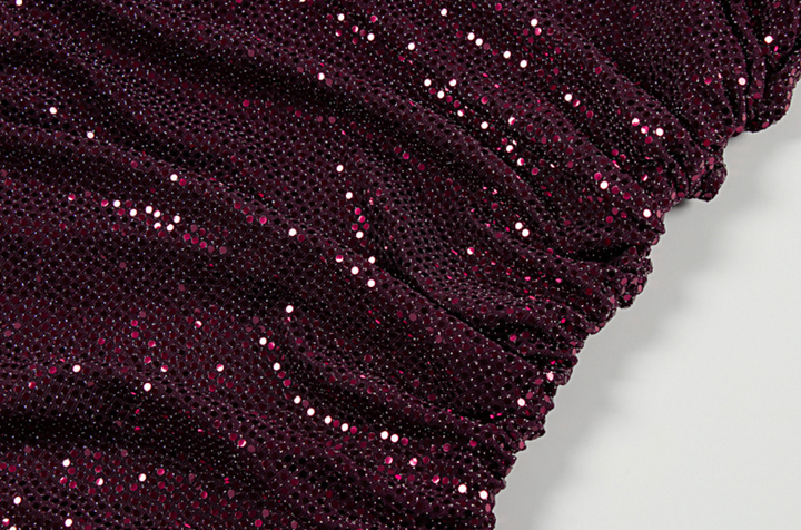 Left | Burgundy Sequin One Shoulder Ruched Maxi Dress