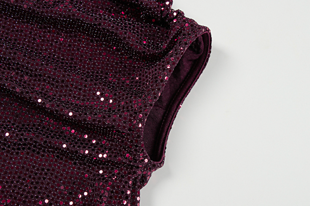 Left | Burgundy Sequin One Shoulder Ruched Maxi Dress