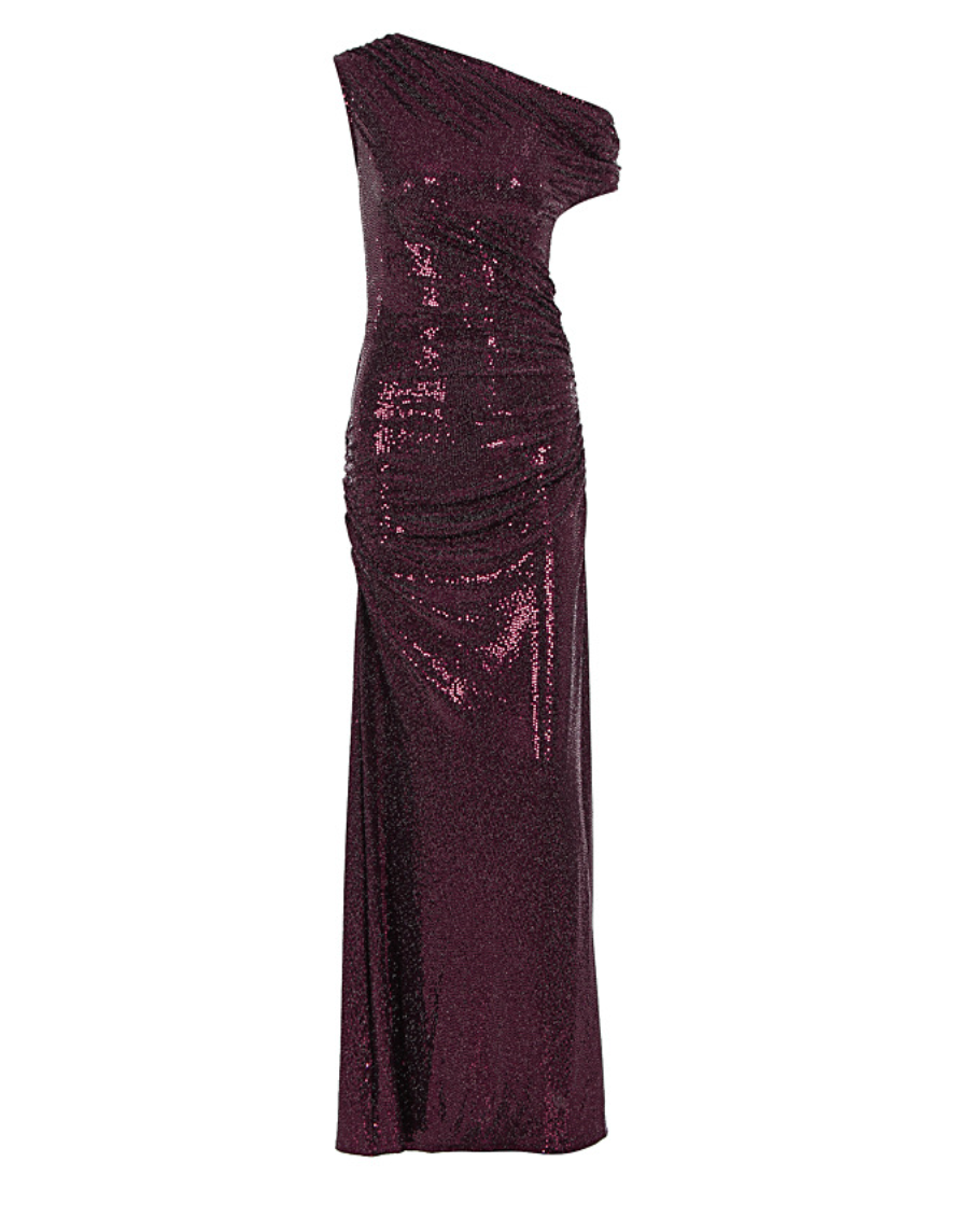 Left | Burgundy Sequin One Shoulder Ruched Maxi Dress