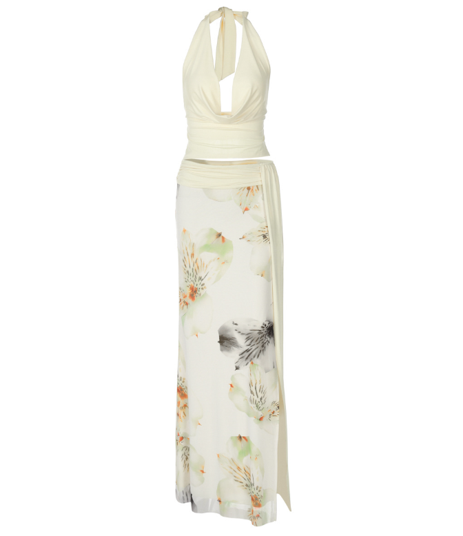 Soar | Light Yellow Halter Crop Top &amp; Wrap Maxi Skirt Set