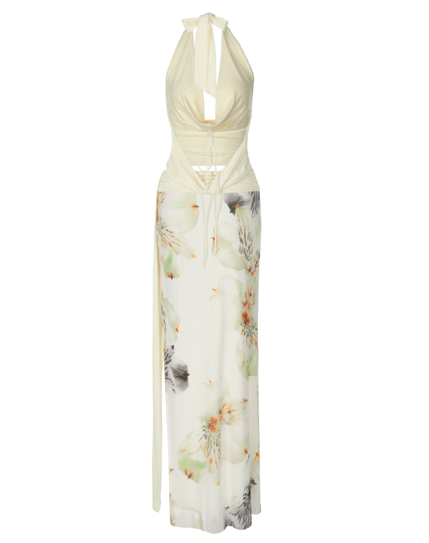 Soar | Light Yellow Halter Crop Top &amp; Wrap Maxi Skirt Set