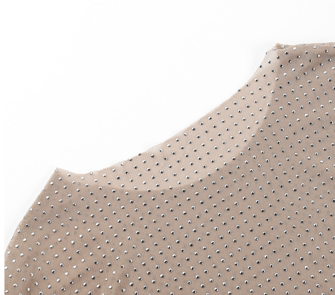 Pix | Champagne Rhinestone Mesh Long Sleeve Top