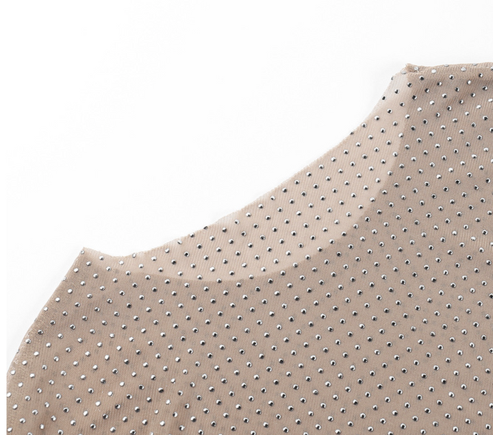 Pix | Champagne Rhinestone Mesh Long Sleeve Top