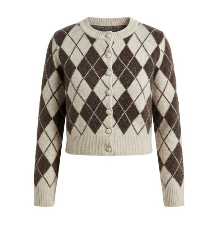 Cream argyle button up knit cardigan