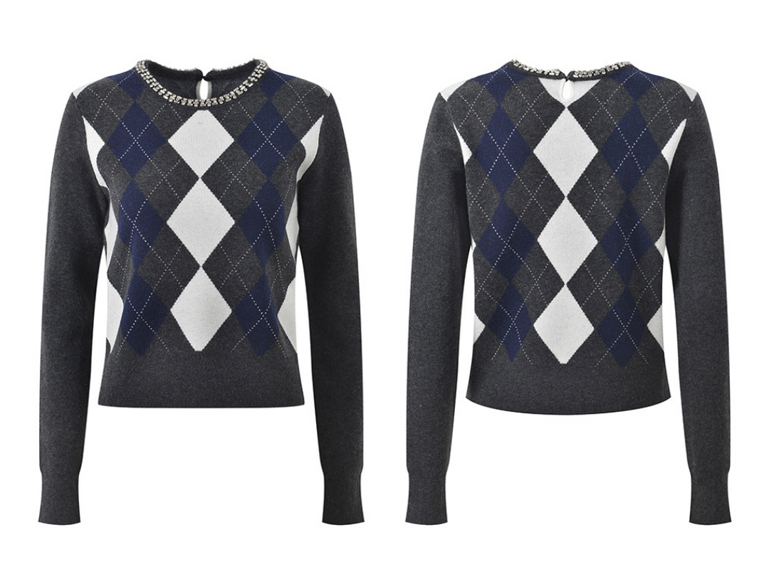 Cease | Gray Argyle Rhinestone Crew Neck Sweater