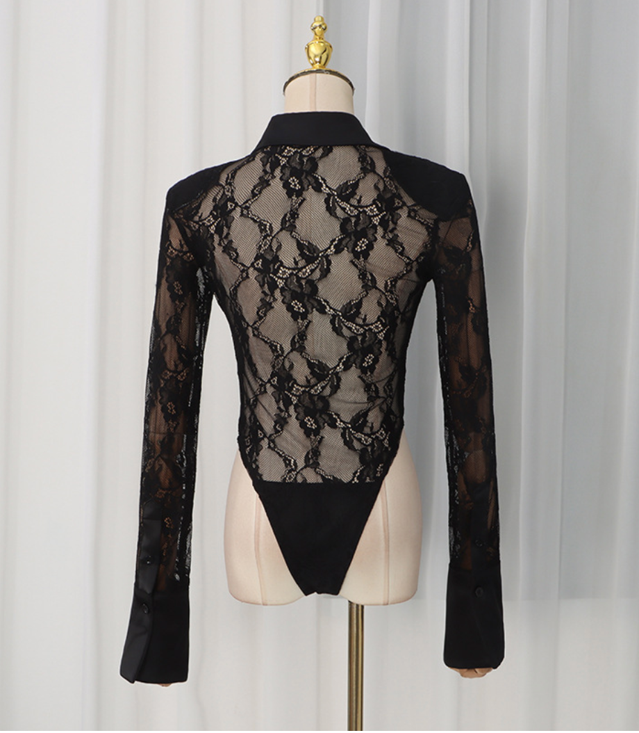 Tied | Sheer Lace Collared Necktie Long Sleeve Bodysuit