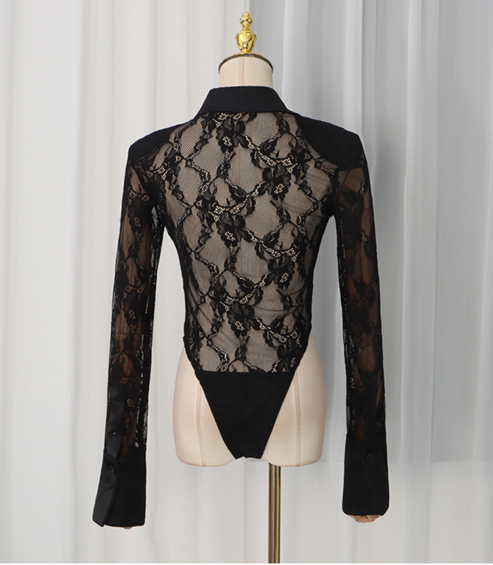 Tied | Sheer Lace Collared Necktie Long Sleeve Bodysuit