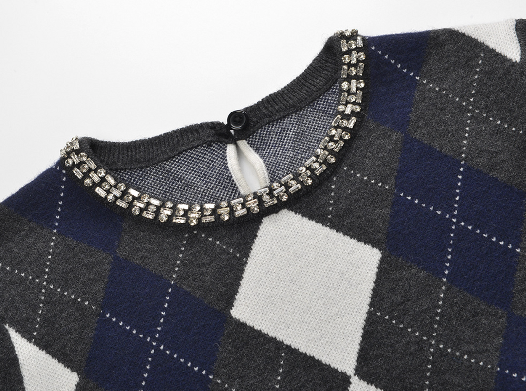 Cease | Gray Argyle Rhinestone Crew Neck Sweater