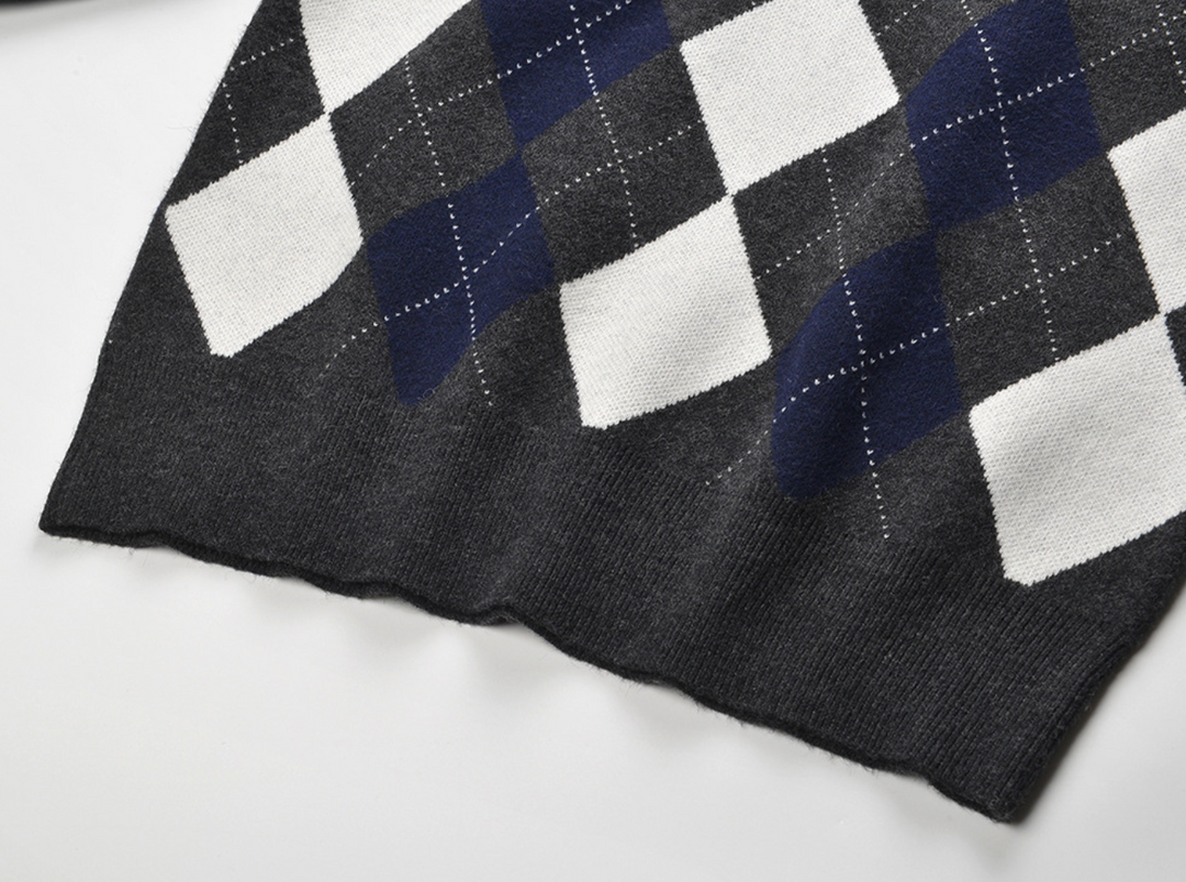 Cease | Gray Argyle Rhinestone Crew Neck Sweater