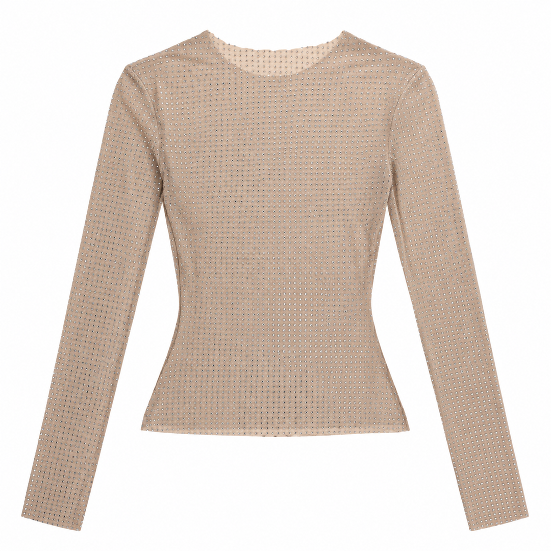 Pix | Champagne Rhinestone Mesh Long Sleeve Top