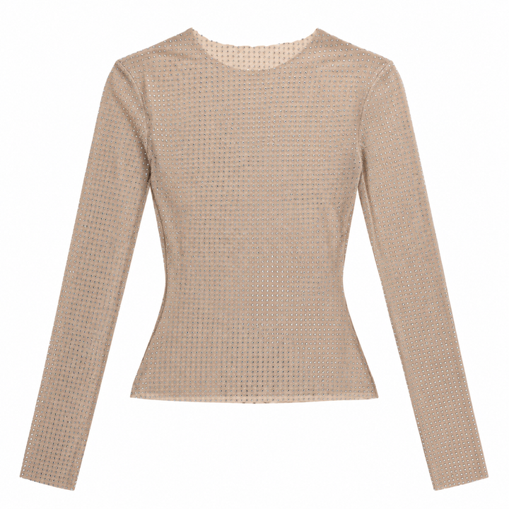 Pix | Champagne Rhinestone Mesh Long Sleeve Top