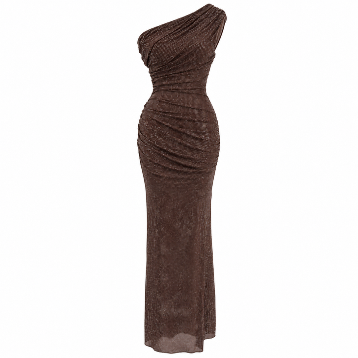 Glam | Rhinestone One Shoulder Ruched Maxi Dress