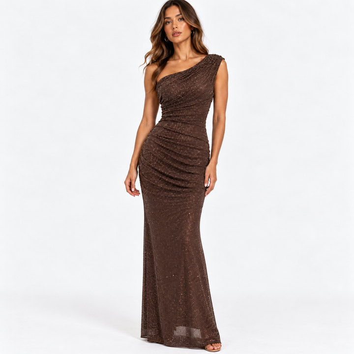 Glam | Rhinestone One Shoulder Ruched Maxi Dress