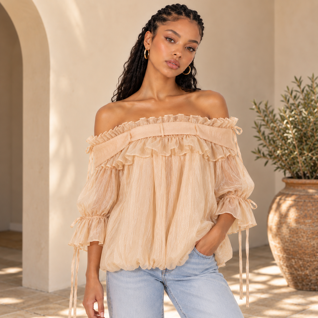 Linger | Champagne Off Shoulder Ruffle Blouse