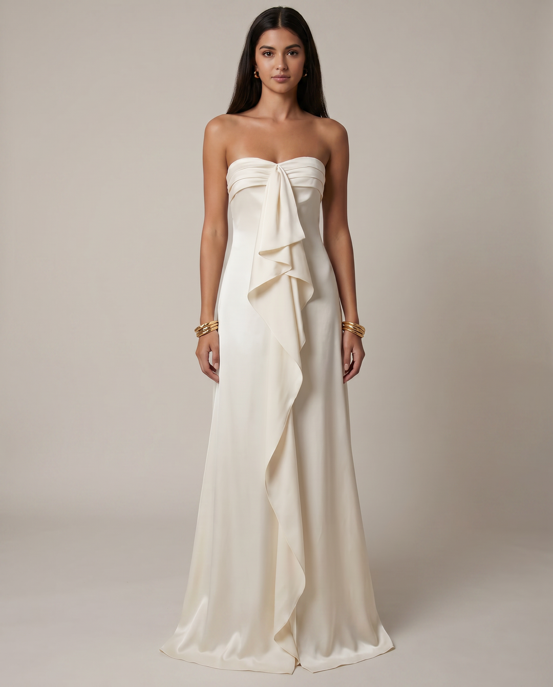 Women's White Maxi Dress Strapless Bow Front Tie High Slit Satin Sleeveless Vacation Beach Wedding Guest Bridal Shower Resort Summer, White / S